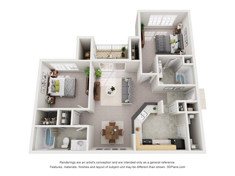 Floor plan for 2 beds, 2 baths, 1042 sqft